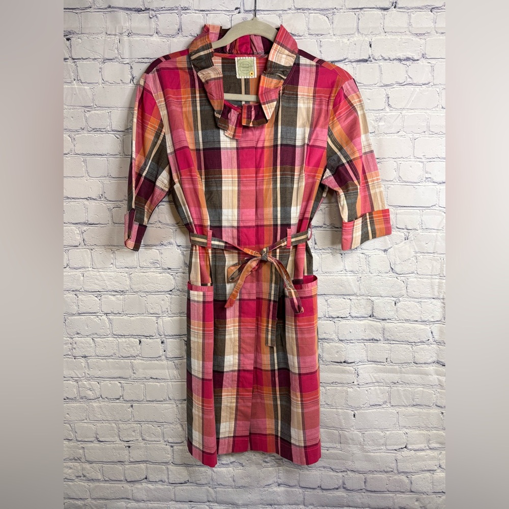 Plaid Belted Shirt Dress in Pink and Brown